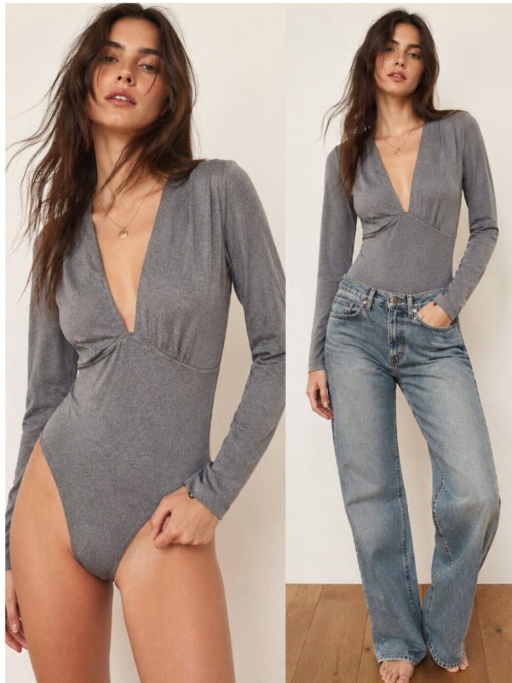 Free People Intimately Grey V-Neck Bodysuit Long Sleeve Size Medium